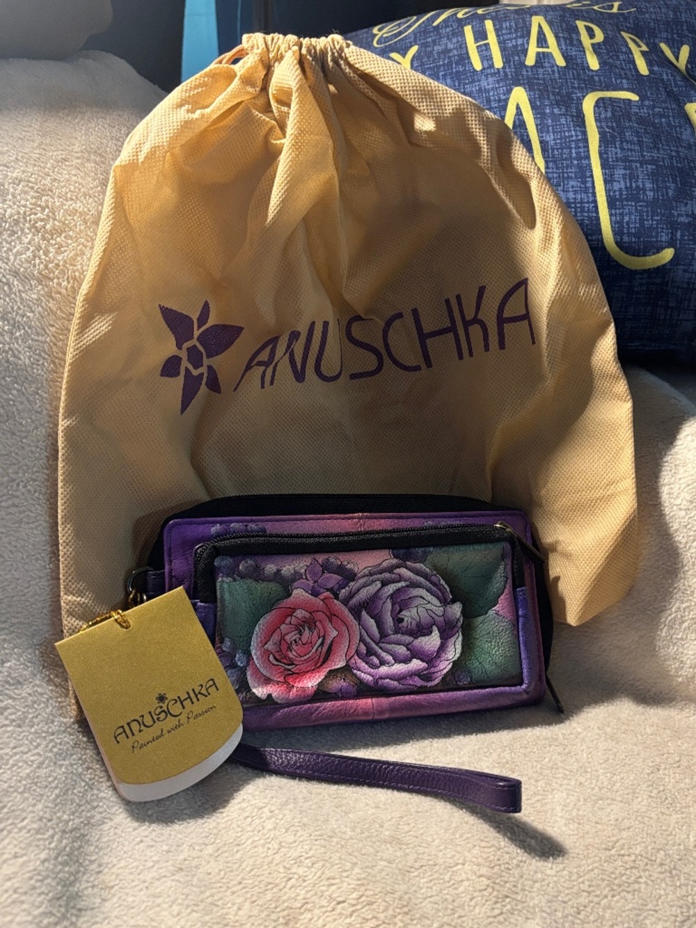 NWT Anuschka Hand Painted Leather Rose Wristlet Wallet Clutch & Dust Bag